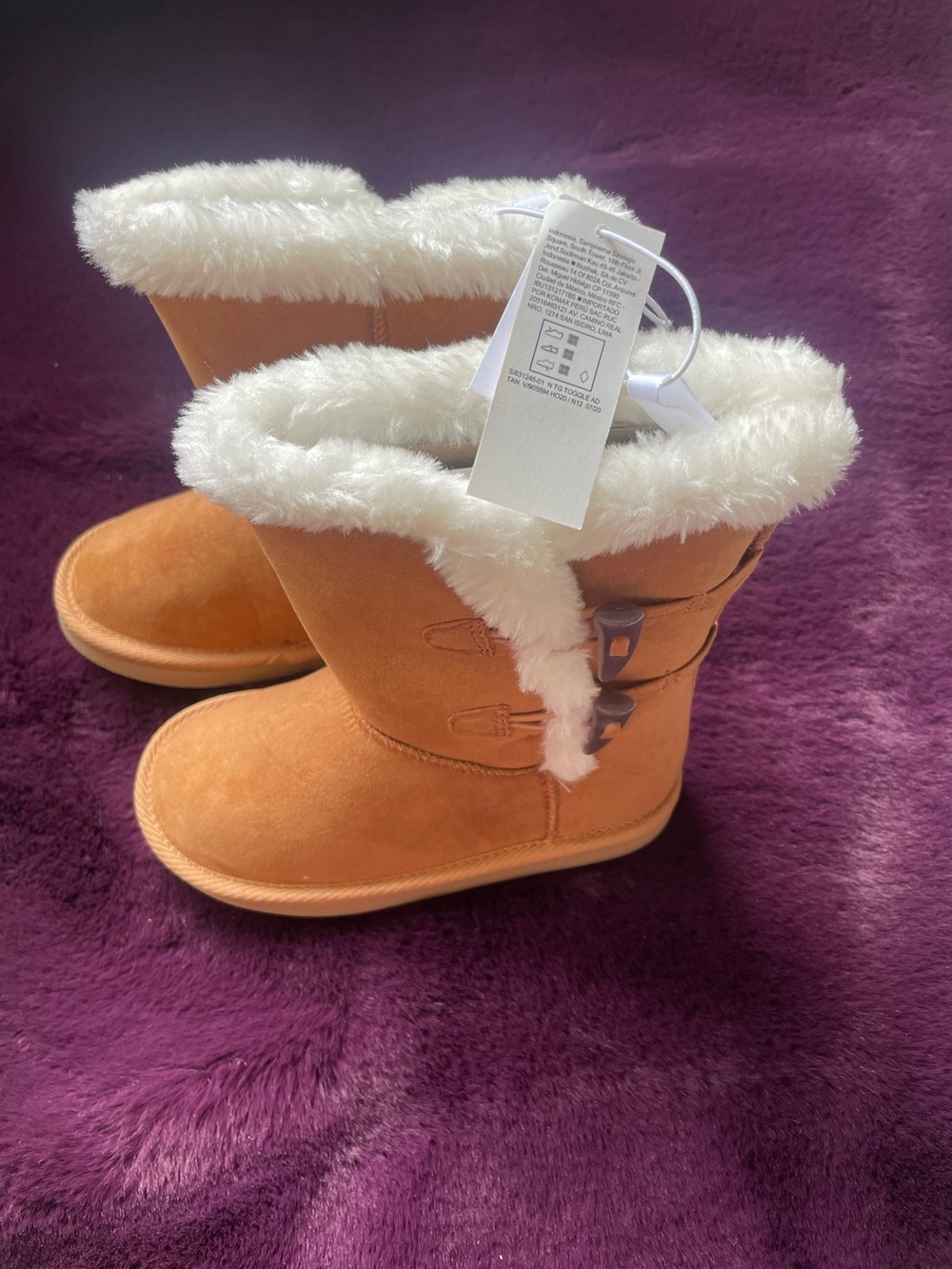 BNWT Faux Suede Winter Boots with Plush White Fur Trim - Tan